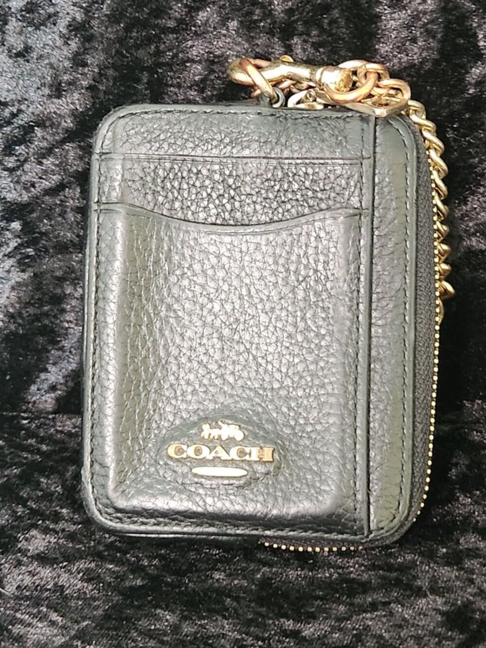 COACH Essential Leather Chain Card Case Zip ID Wallet Clasp Key Ring-EUC